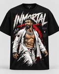Polera negra RVVN INMORTAL de jiu-jitsu con ilustración de luchador y tipografía blanca
