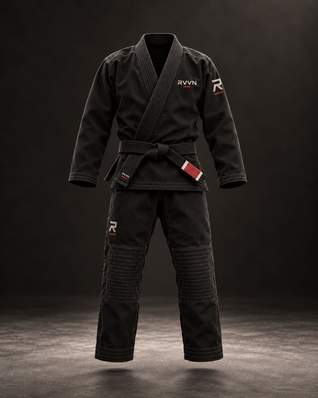 RVVN MESTRE LEO, kimono BJJ negro, diseño delantero minimalista